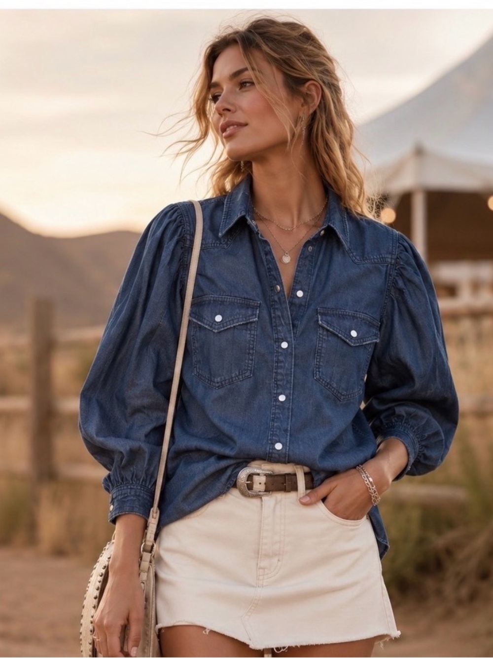 We the Free With Love Denim Top Long Puff Sleeves Western-Boho Size Small